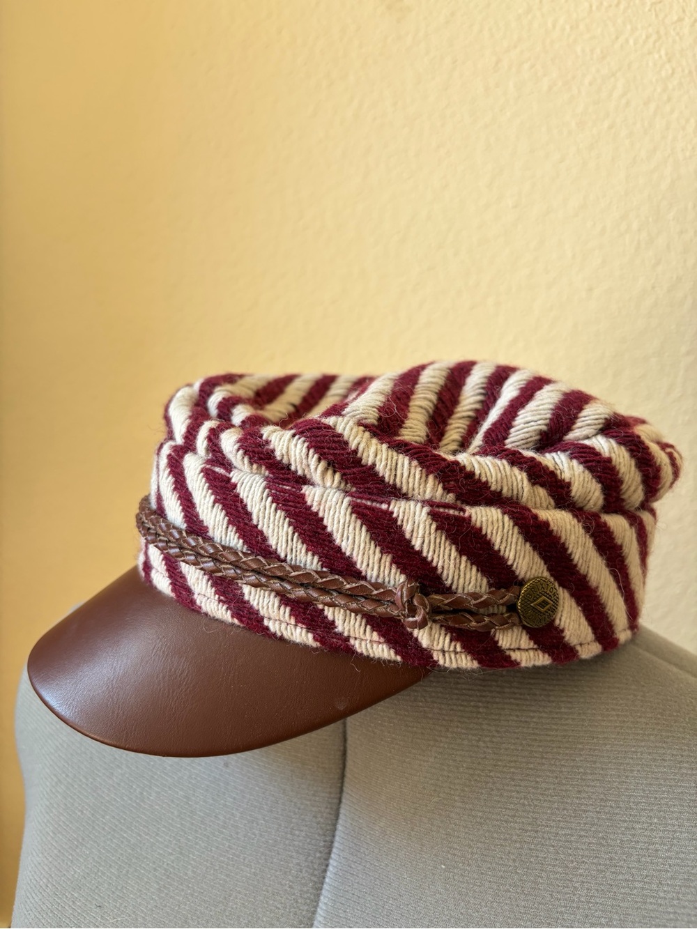 Brixton Albany Cap Burgundy Cream Striped Newsboy Nautical Sailor Hat Y2K - Picture 5 of 9